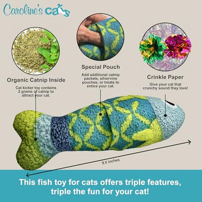 Caroline's Cats Refillable Catnip Pouch Cat Kicker Toys with Crinkle Sound Inside, Interactive Fish Toy for Cats, Plush Indoor Cat Nip Kitty Kick Sticks, Comfort Pillow for Kittens, 9.5 Inches