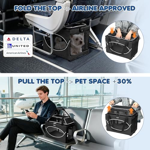 Top-Expandable Pet Carrier 17x11x9.5 Inch Alaska Hawaiian Airline Approved Underseat to 12lbs Stable Car Travel Carriers for Small Dogs Cats with Locking Safety Zippers Anti-Scratch Mesh - color: Black, size: 17"x11"x9.5"