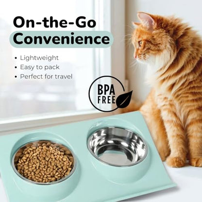 Double Dog Food Bowls Stainless Steel - Puppy Food and Water Bowl Set with Weighted Non-Slip Base - Non-Skid Design - Dog Bowl Set for Puppy Cats Kitten Small Medium Dogs - Blue - color: Blue