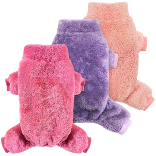 Idepet 3 Pack Fuzzy Velvet Dog Pajamas, Plush Dog Sweater Onesie Soft Pet Clothes Winter Outfit Doggy Pjs Puppy Jumpsuit, Cat Coat, Small - color: Pink+Purple+RoseRed, size: Small