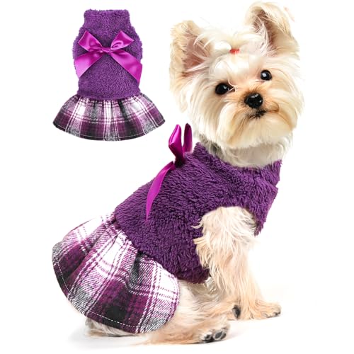 Fuzzy Dog Plaid Sweater Dress, Fall Winter Warm Female Dog Clothes for Small Dogs Girl, Pet Outfit, Cat Apparel (XSmall, Purple) - color: #1 Purple, size: X-Small (Chest 14.2 in)