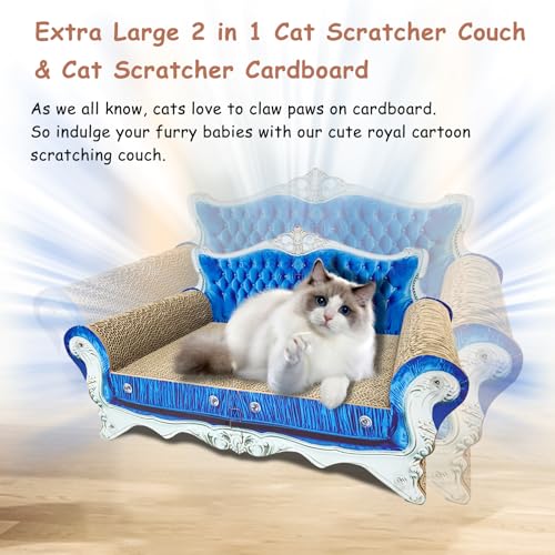 Luxury Cardboard Cat Scratcher Sofa Bed, Couch Shaped Cat Scratching Board, Scratch Lounge with Catnip, Scratcher for Indoor Cats Kittens Kitties - color: Blue Crown