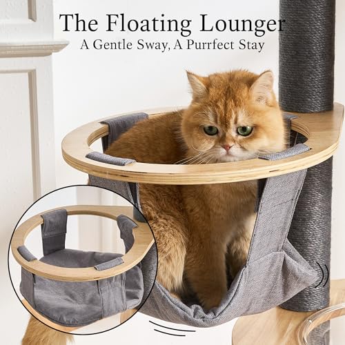 797Audio Wood Modern Cat Tree, 61.5" Cat Tower with Sisal Scratching Posts, Cat Condo, Capsule, Hamnock and Spinner Toy,Solid Wooden Aesthetic Multi-Level Cat Climbing Tree for Adult Indoor Cats-Gray - color: 62 Inch-Turntable-Gray