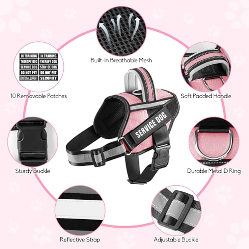 Service Dog Vest Harness and Leash Set, Animire in Training Dog Harness with 10 Dog Patches, Reflective Dog Leash with Soft Padded Handle for Small, Medium, Large, and Extra-Large Dogs (Pink,XS) - color: Pink, size: XS