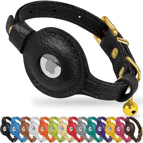 OOPSDOGGY Leather AirTag Cat Collar with Bell - Non Breakaway Kitten Collar with Apple Air Tag Holder - Lightweight GPS Pet Collars for Girl Boy Cats, Small Dogs, Puppies (Black) - color: Black
