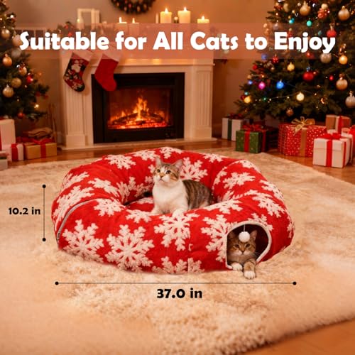 Cat Tunnel Christmas Tree Skirt,Christmas Tree Cat Tunnel for Indoor Cats,Cat Tunnels Tree Skirt,Soft Peekaboo Hideway Bed Cave Donut Toys Circle Tunnels for Kittens & Large Cats (Red) - color: Red
