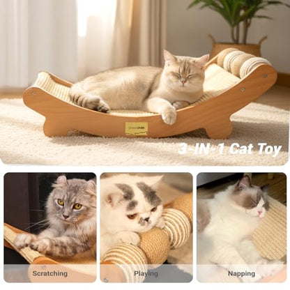 Sisal Cat Scratcher Bed with Balls Cat Scratching Post for Indoor Cats Hammock, Natural Sisal Cat Scratch Wooden Cat Furniture(Large)