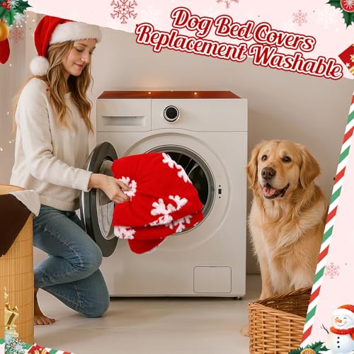 Oudain Dog Bed Cover 30 x 30 x 10 Red Snowflakes Waterproof Round Dog Bed Cover Replacement Washable for Round Dogs Beds Valentine's Day Christmas Winter Decor Scratch Resistant Mattress Protector - size: 30" X 30" X 10", style: Red and White Snowflakes