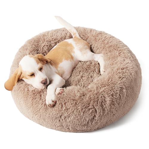 Bedsure Calming Dog Bed for Small Dogs - Donut Washable Small Puppy Bed, 23 inches Anti-Slip Round Fluffy Plush Faux Fur Large Cat Bed, Fits up to 25 lbs Pets, Camel - color: Camel, size: 23"L x 23"W x 8"Th