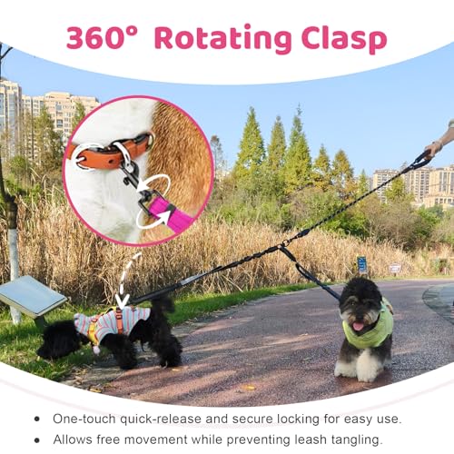 Double Dog Leash - No Tangle Splitter for Two Dogs, Coupler with Adjustable Long Lead Rope, Dual Control Handles, Retractable No Pull Bungee, Walk Train Small Medium Large 2 Pets (Fuchsia) - color: Fuchsia