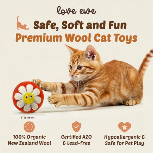 Hustle & Blush Love Ewe Felted Cat Toys 3 Pack - 2 Inch Flower & Bee Hand Made Cute & Fun Design Kitten Wool Felt Balls for Indoor Play & Exercise - 100% New Zealand Handmade Felted Balls - color: Flower/Bee
