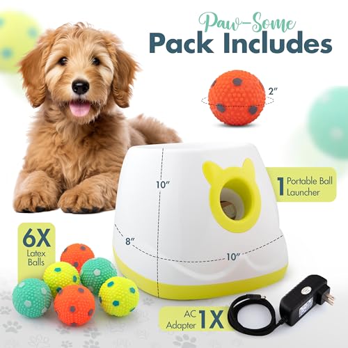 Automatic Dog Ball Launcher - Dog Ball Fetch Machine, Ball Thrower for Dogs, for Small to Medium Sized Dogs, Interactive Dog Toy with 6 Latex Balls, Plug-in & Battery Options - 4 Launch Distances