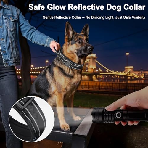 Heavy Duty Tactical Dog Collar and Leash Set, Military Training Nylon Reflective Collar with Handle Metal Buckle for Medium Large Dogs, Black, XL (1 Patch Included) - color: Reflective Collar Black Set, size: XL