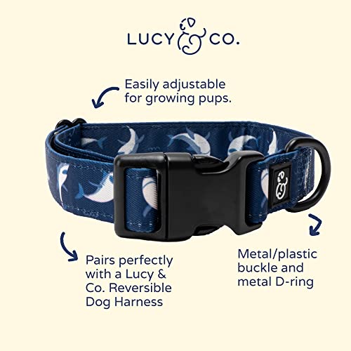 Lucy & Co. Shark Attack Dog Collar - Durable Lightweight Designer Collar for Pets - Adjustable Metal Safety Buckle - Navy White Shark - Small - color: Shark Attack Dog Collar, size: Small