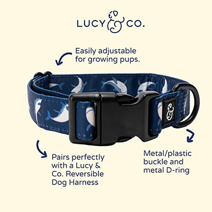 Lucy & Co. Shark Attack Dog Collar - Durable Lightweight Designer Collar for Pets - Adjustable Metal Safety Buckle - Navy White Shark - Small - color: Shark Attack Dog Collar, size: Small