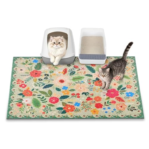 Cat Litter Mat, 35" x 23" Litter Box mat, Upgrade Non-Slip Kitty Litter mat, Traps 100% Litter, Soft on Kitty Paws, Easy Clean for Scatter Control, Bohe cat Food mat, Urine Waterproof - color: Green Garden, size: Large（35"x23"）