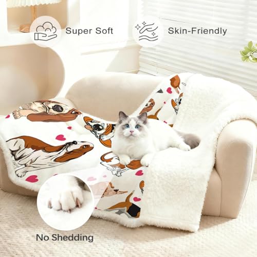 BlessLiving Basset Hound Blanket 50x60 Inches with Red Hearts, 3D Animal Print Plush & Sherpa Dual Sided Throw - Ultra Warm Soft Fleece Blanket for Adults, Kids, Pet Lovers, Cute Dog Gift - color: Basset Hound, size: Throw, 50 x 60 Inches