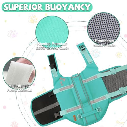 EMUST Dog Life Vests, Adjustable XS Dog Life Jacket with Rescue Handle, Puppy Flotation Vest for Small/Medium/Large Dogs, Turquoise, XS - color: Turquoise, size: XS
