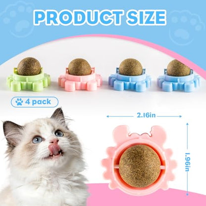 4 Pack Catnip Ball Toy 360° Organic Nips Mint Magic Stick on Wall Cat Nips for Cats Wall Catnip Rollerball Licking Ball Cat Nips for Cats Wall Catnip Rollerball Licking Ball