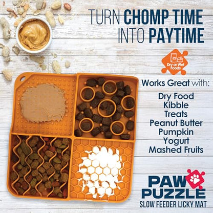 Palz&Co Paw Puzzle 2-in-1 Slow Feeder & Lick Mat for Dogs and Cats, Dry and Wet Food, Dishwasher Safe Silicone, Small 8"x8", Orange - size: Small
