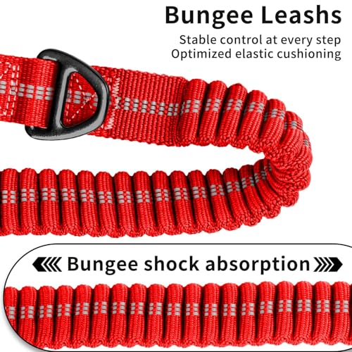 Heavy Duty Tactical Dog Leash, 4-6FT Shock Absorbing Bungee Lead with 2 Padded Handles, Metal Carabiner & Seatbelt Clip, Reflective No-Pull Leash for Medium/Large Dogs (Red) - color: Red