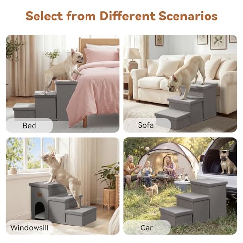 Zerbuger Dog Stairs 18" H, 3-Step Wider Dog Steps for High Beds Couch, Folding Storage Pet Stairs Gift for Small/Medium/Large Old Dogs Cats, Ramp for Climbing Car Up to 200 lbs, (Gray, with Condo)