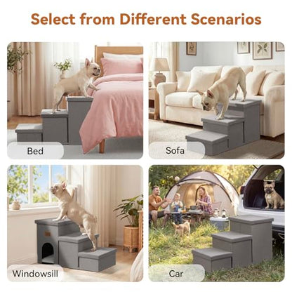 Zerbuger Dog Stairs 18" H, 3-Step Wider Dog Steps for High Beds Couch, Folding Storage Pet Stairs Gift for Small/Medium/Large Old Dogs Cats, Ramp for Climbing Car Up to 200 lbs, (Gray, with Condo)