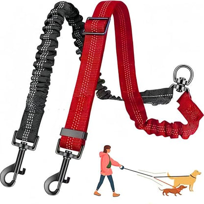 3-in-1 Double Dog Leash for Two Dogs, Adjustable Dual Leash with 360° Swivel & Bungee Shock Absorption, No-Tangle Reflective Coupler,for Walking, Running, Training (Black+Red) - color: Black+Red