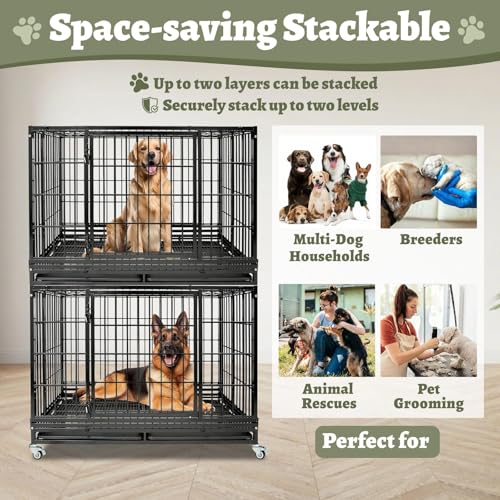 Heavy Duty Large Dog Crates for Large Dogs with Wheels, 47 Inch Metal Wire Stackable Dog Crate Cage with 2 Removable Trays, Multi Locks, Chew Proof Escape Proof Dog Kennel Indoor - size: 47.0"L x 29.0"W x 35.0"H
