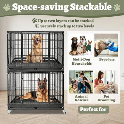 Heavy Duty Large Dog Crates for Large Dogs with Wheels, 47 Inch Metal Wire Stackable Dog Crate Cage with 2 Removable Trays, Multi Locks, Chew Proof Escape Proof Dog Kennel Indoor - size: 47.0"L x 29.0"W x 35.0"H