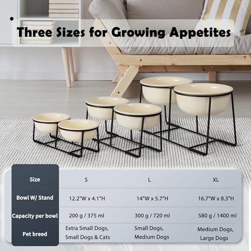 Ceramic Elevated Dog Bowl Set - Raised Food and Water Bowls with Metal Stand - Double Pet Dishes for Small and Medium Dogs - 3 Cups - 24.3 fl oz - Beige - color: Beige, size: L-400ml