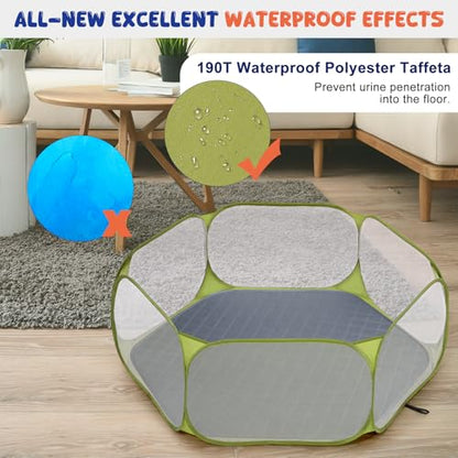 Pawaboo Small Animals Playpen with Pad, Waterproof Small Pet Cage Tent with Reusable Pad, Portable Outdoor Yard Fence for Chick/Kitten/Puppy/Guinea Pig/Rabbits/Chinchillas, Green + Grey - color: Green + Grey