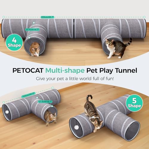 PETOCAT Cat Tunnel 4 Way with Teaser Wand & 2 Plush Ball, 5 Shapes Available, 54/80.7" L, H-Shaped Collapsible Pet Play Tube Maze for Kitten Puppy Bunny Ferret Rabbit, Indoor/Outdoor Peekaboo Cave - color: Cat Tunnel
