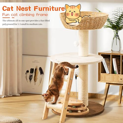Natural Wood Modern Cat Tree with Top Cats Bed, Unique Cute Cats Furniture Activity Centre with Sisal Rope Scratching Posts, Cats Tower Condo with Interactive Cat Toy Tree - color: SCT004 new-1