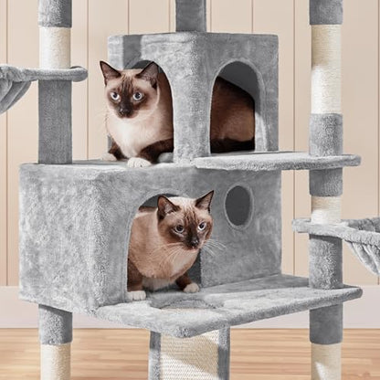 Yaheetech 76.5in Multi-Level Large Cat Tree, Big Cat Tower with 3 Condos, Cozy Plush Perches, 9 Sisal Scratching Posts and Ladder, Activity Center for Large Kitties, Light Gray - color: Light Gray