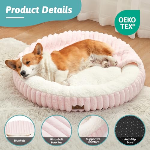 Small Dog Bed with Hooded Blanket, Round Fluffy Anti-Anxiety Pet Bed for Small Dogs & Medium Dogs, Cozy Donut Cuddler with Machine Washable Faux Fur & Anti-Slip Bottom(26"×26"×7",Pink) - color: Pink, size: 26"×26"×7"
