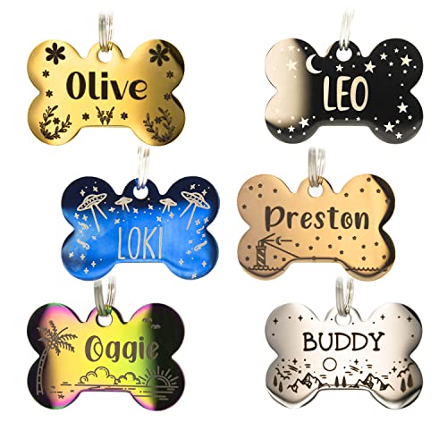 Personalized Dog Tag with 5 Lines of Custom Deep Engraved Durable Stainless Steel Pet ID Name Tag Designer Regular Size Bone - size: Regular, style: Bone
