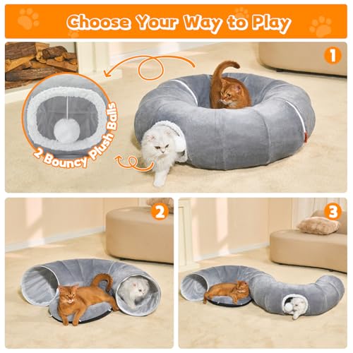 Cat Tunnel Bed for Indoor Cats 35.5 Inch XL Cat Donut Tunnels Cute Tubes Round Pet Play Tunnel Toy for Kitten Puppy Rabbit with Washable Circle Cushion Grey