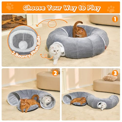 Cat Tunnel Bed for Indoor Cats 35.5 Inch XL Cat Donut Tunnels Cute Tubes Round Pet Play Tunnel Toy for Kitten Puppy Rabbit with Washable Circle Cushion Grey