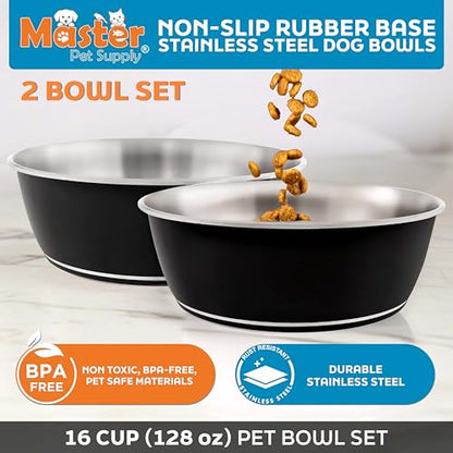 Master Pet Supply Stainless Steel Dog Bowls Set of 2 (128 Oz Each) with Non-Slip Rubber Base - Black Velvet - Basic Dog Food Bowl Water & Food Bowls for Small Medium Large Dogs & Cats, Metal Dish - color: Black Velvet, size: 16 Cups (128 oz) 2 Pack