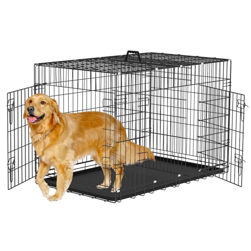 42 Inch Dog Crate Dog Cage with Double Door & Carrying Handle - Large Metal Dog Crates Dog Kennel with ABS Tray for Large Dog, Foldable & Portable Perfect for Indoor & Outdoor, Black ﻿