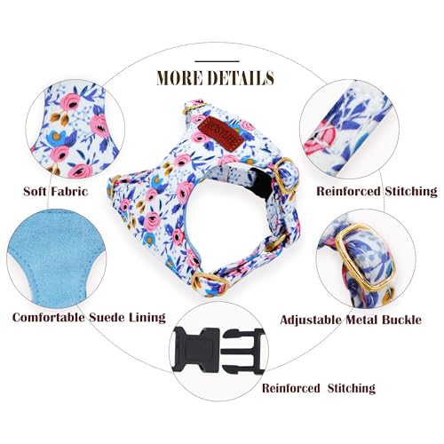 No Pull Dog Harness Adjustable Small Dog Harness and Leash Set, Lightweight and Soft Dog Harness No Choke Escape Proof Pet Harness Vest (Blue Rose, XS) - color: Blue Rose, size: XS