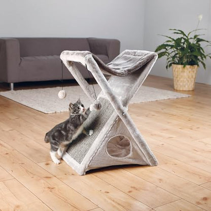 TRIXIE Miguel Fold and Store Cat Hammock, Indoor Cat Furniture with Dangling Toys, Scratching Pad, and Cave, Taupe/Light Gray - color: Greige