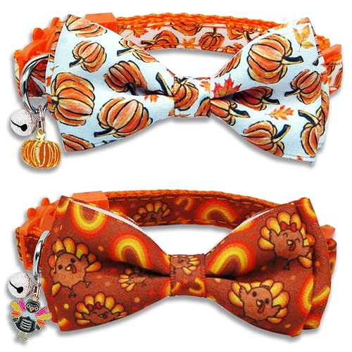 Fall Thanksgiving Harvest Cat Collar with Removable Bow Tie and Bell, Holiday Safety Breakaway Collar with Turkey and Pumpkin Spice Pattern for Boys and Girls Kitties Kittens - color: Thanksgiving Pumpkin