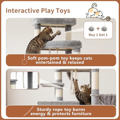 Heybly Cat Tree, 74-Inch Streamlined Cat Tower for Large Cats with 3-Tier Stacked Condos, Cat Furniture with Large Perch, Sturdy Base, Full Sisal Scratching Posts & Ramp, Light Gray HCT061W - color: Light Gray
