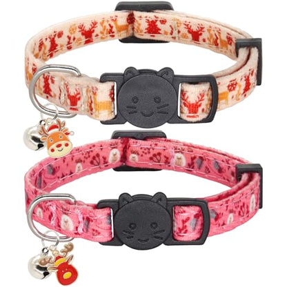 Christmas Cat Collar, Cotton 2 Pack Cat Collar with Bells, Breakaway Collars for Girl Boy Kittens, Reindeer - color: Reindeer