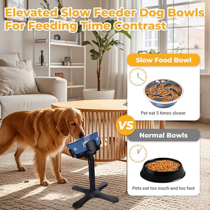Elevated Slow Feeder Dog Bowl Adjustable Stand,Tilted ABS Base,Fits 5.5-9.5" Bowls, Anti-Spill & Non-Slip, Heavy Duty for Med/Large Dogs(with Stainless Steel Bowls 1 Pack) - size: A - Slow Feeder Insert 1