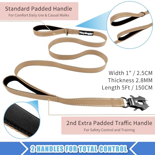 Strong Heavy Duty Dog Leash - 5ft Reflective Nylon Training Leash with Soft Padded Double Handle & Auto Lock Frog Clip - Safety Traffic Control for Large Medium Small Dogs No Pull Walk Khaki,5ft - color: Khaki, size: 5FT x 1" x 2.8MM