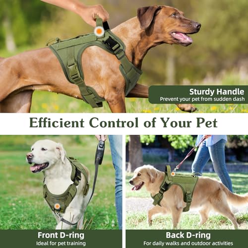 VavoPaw Heavy Duty Tactical Dog Harness for Large Dogs, No Pull Adjustable Pet Harness Reflective Service Training Easy Control Pet Vest Military K9 Working Dog Harnesses, Army Green, L