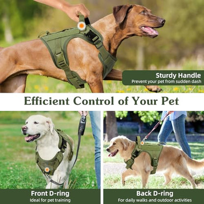 VavoPaw Heavy Duty Tactical Dog Harness for Large Dogs, No Pull Adjustable Pet Harness Reflective Service Training Easy Control Pet Vest Military K9 Working Dog Harnesses, Army Green, L